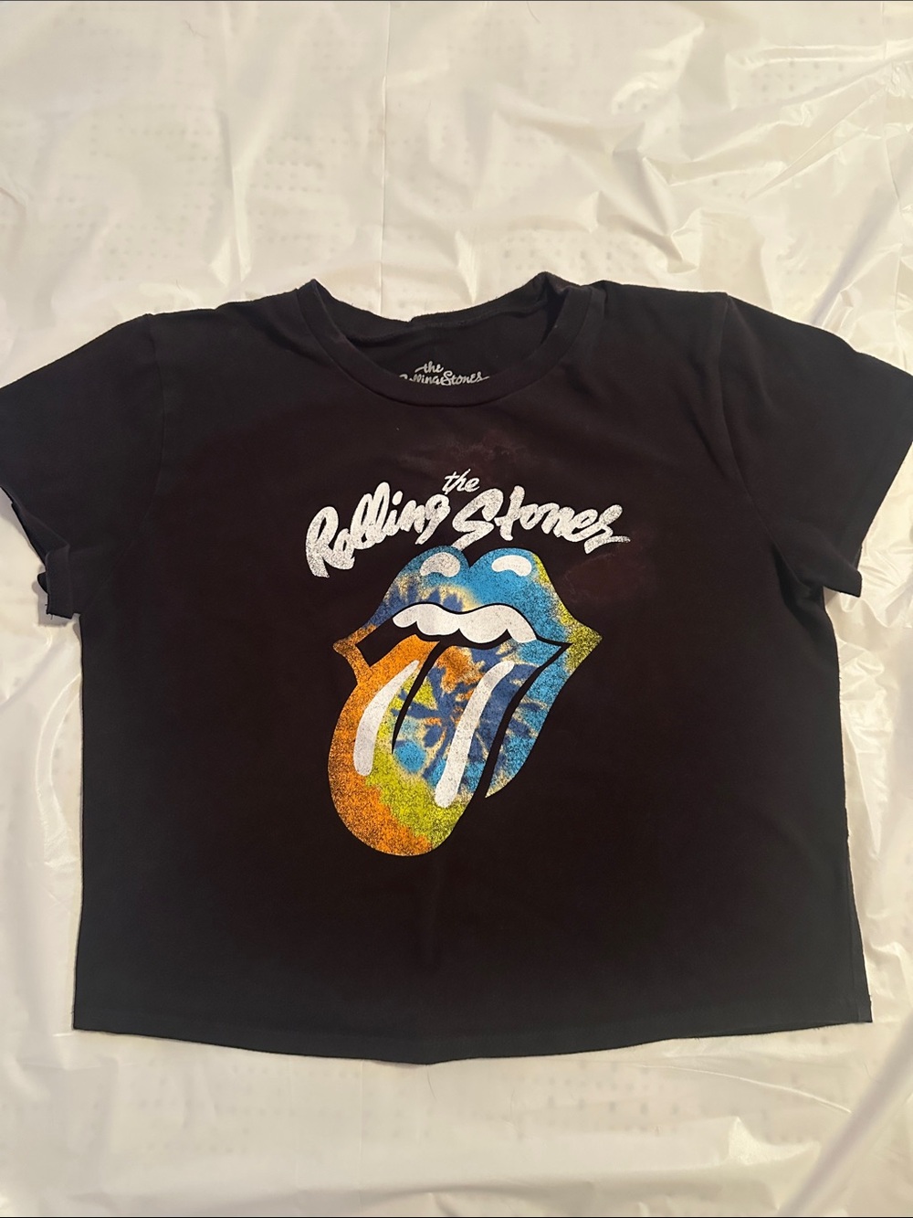 Rolling Stones Cropped Graphic Tee Black Tie Dye Tongue Logo Shirt